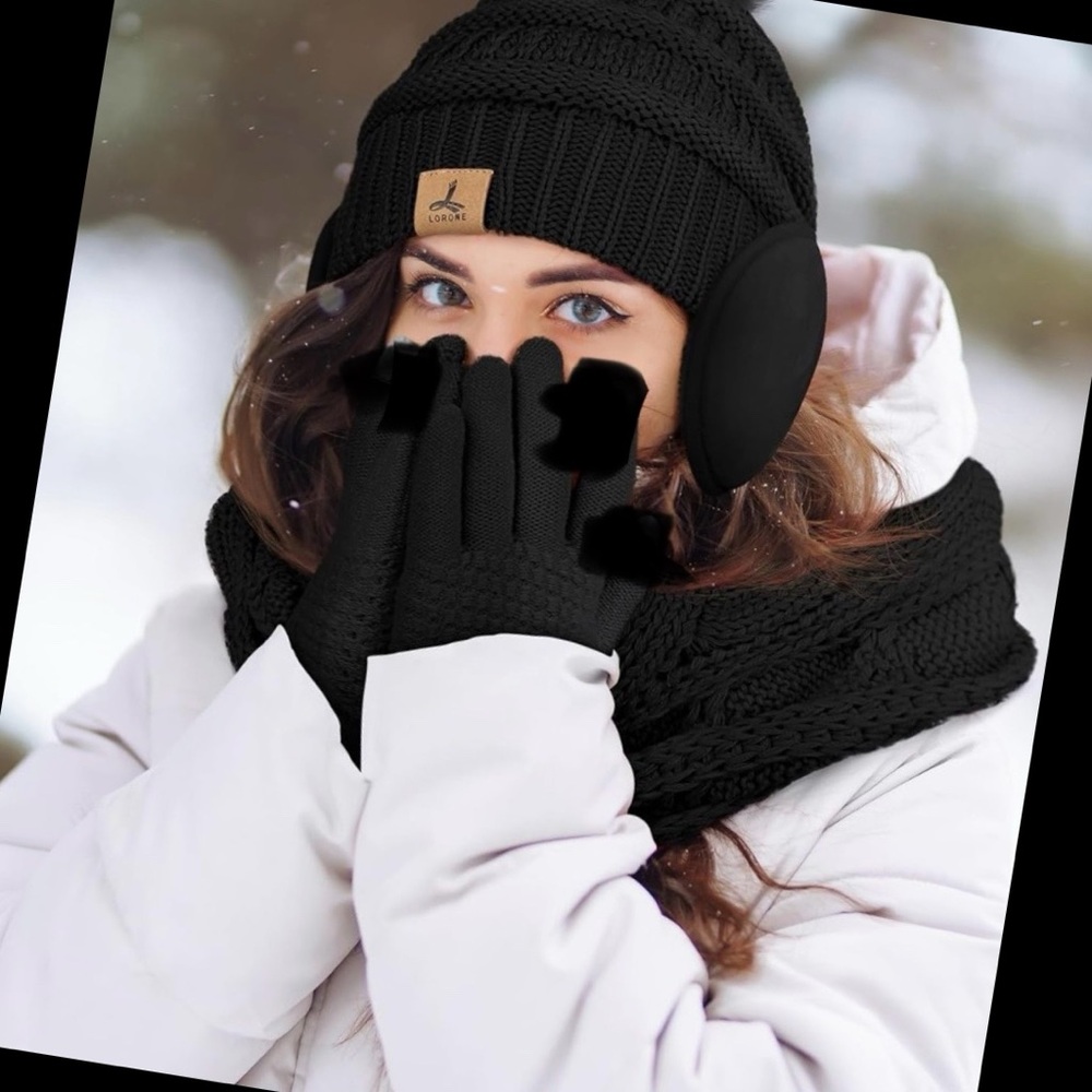 UNISEX- Black Winter Beanie, Knitted Scarf, Earmuffs, Gloves Set